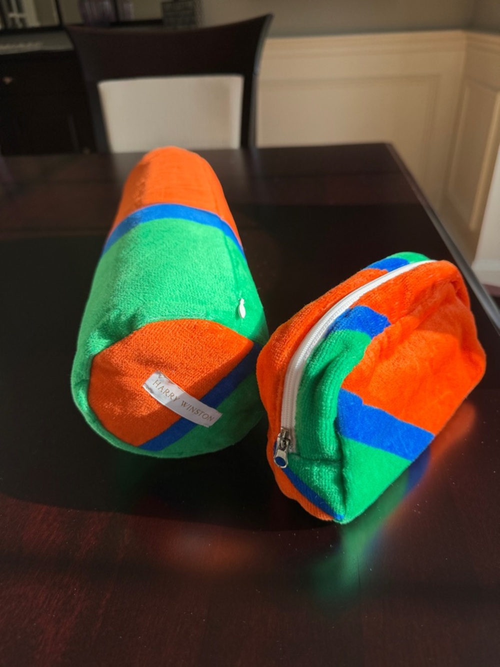 Harry Winston Orange, Green & Blue Cylindrical Pillow and Small Pouch Set